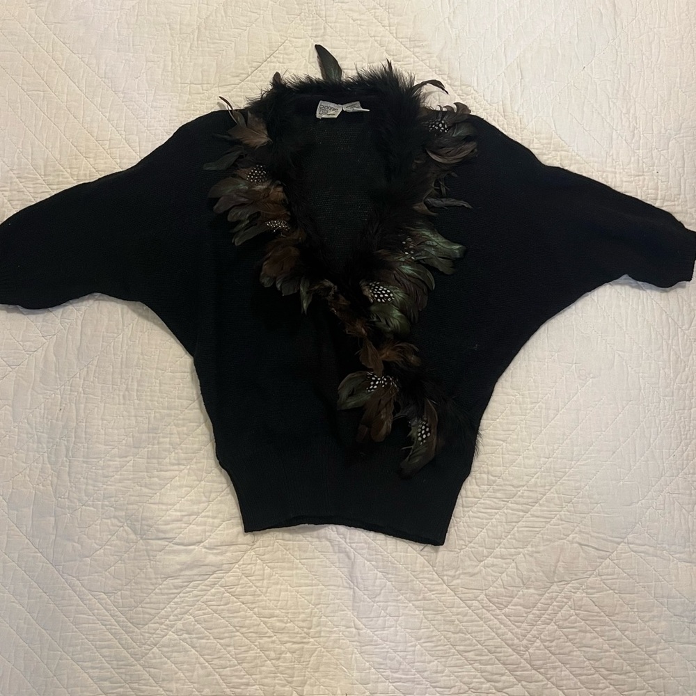 Black Silk blend Sweater with Feather Accents